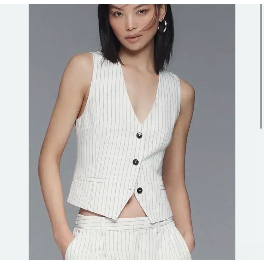 Anthropologie Maeve Blouse Womens Large White Black Striped V-Neck Linen Blend